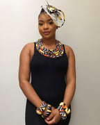 Bogolan African Print Fascinator Hair Clip Hat - Brown / Yellow / Black