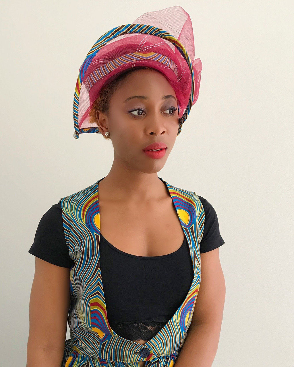 African Print Church Hat - Maroon / Peacock