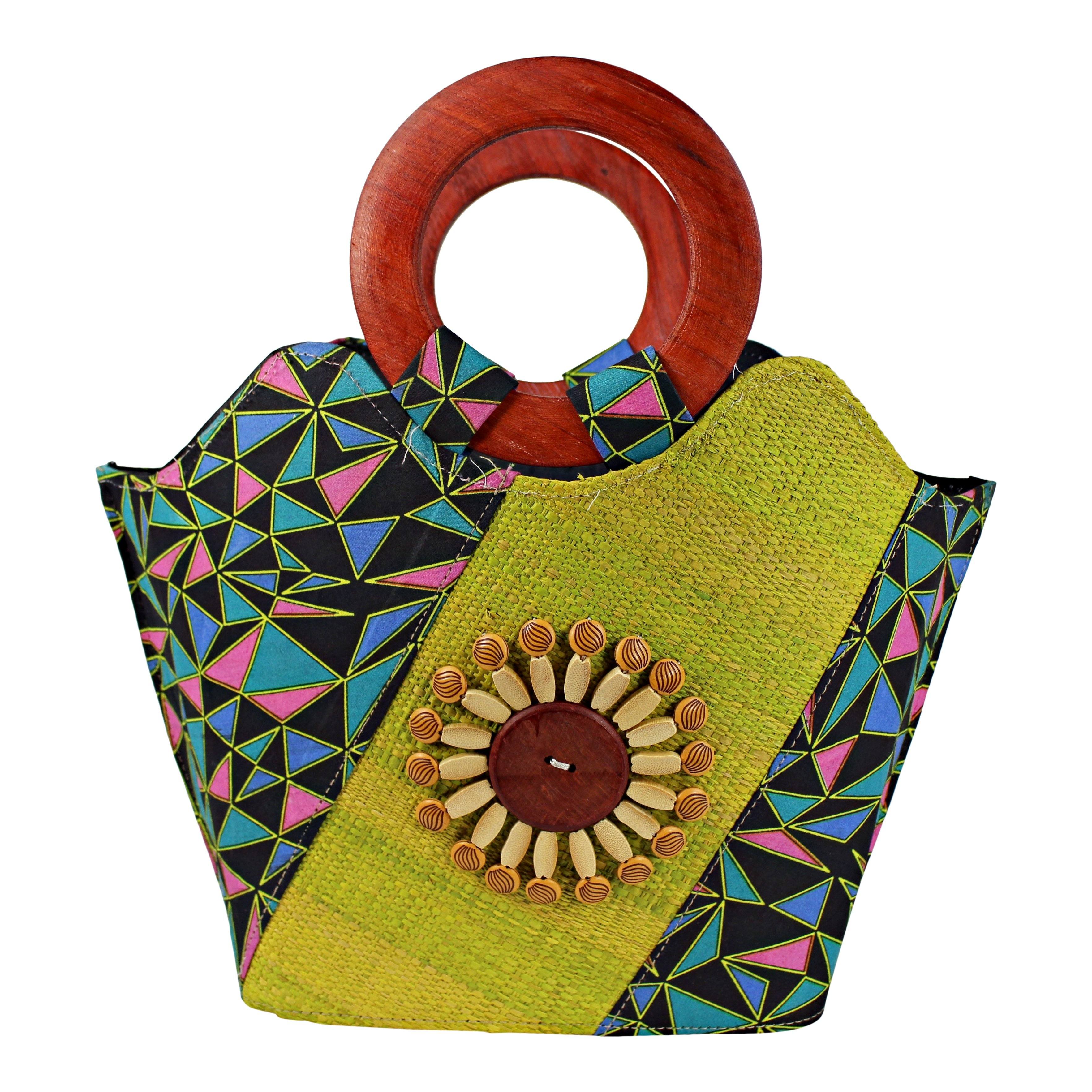 Abayomi Hand Woven Raffia Fibers African Basket Bag with Wood Handle - Green