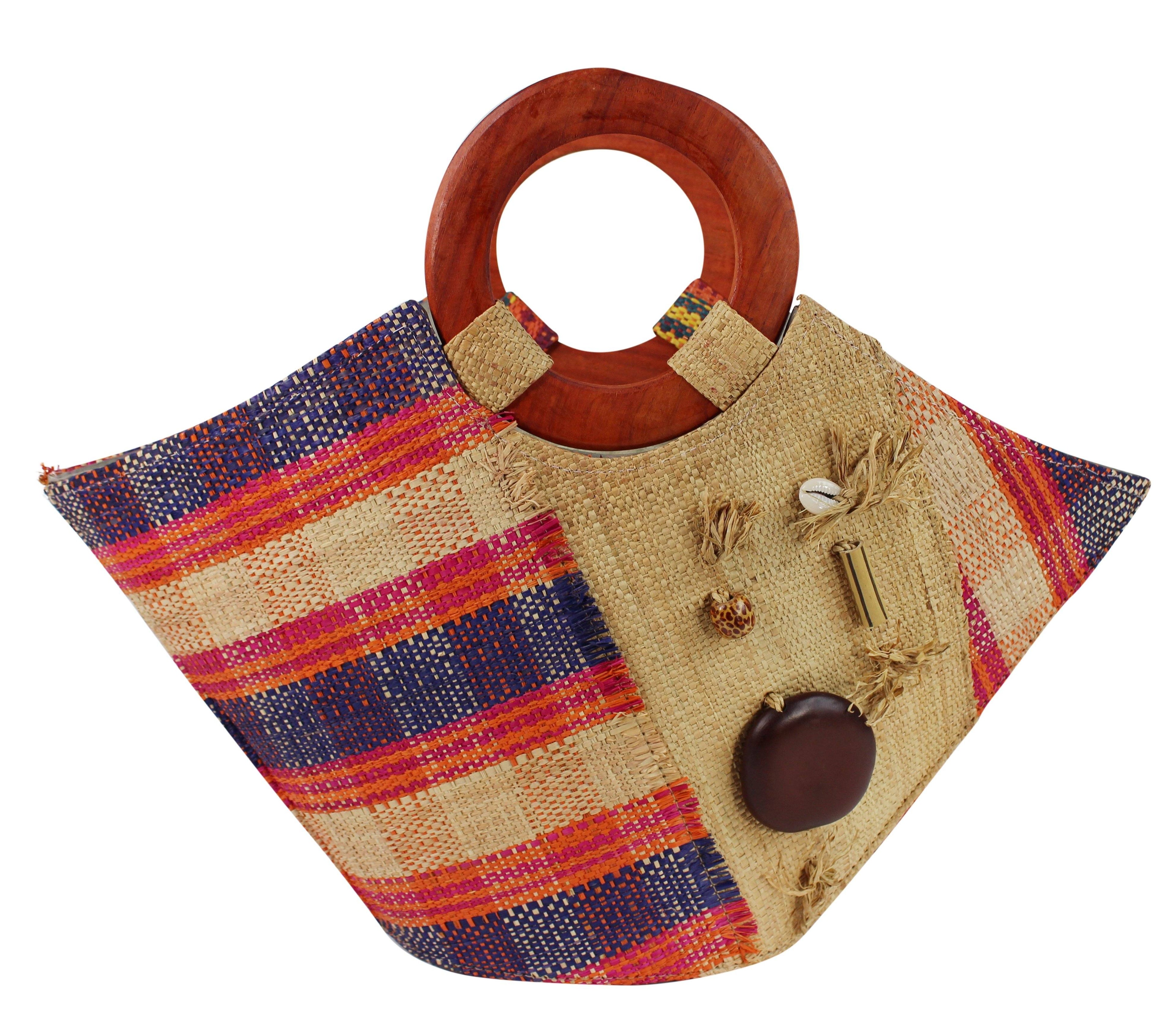 African Hand Woven Raffia Fibers Basket Bag with Wooden Handle