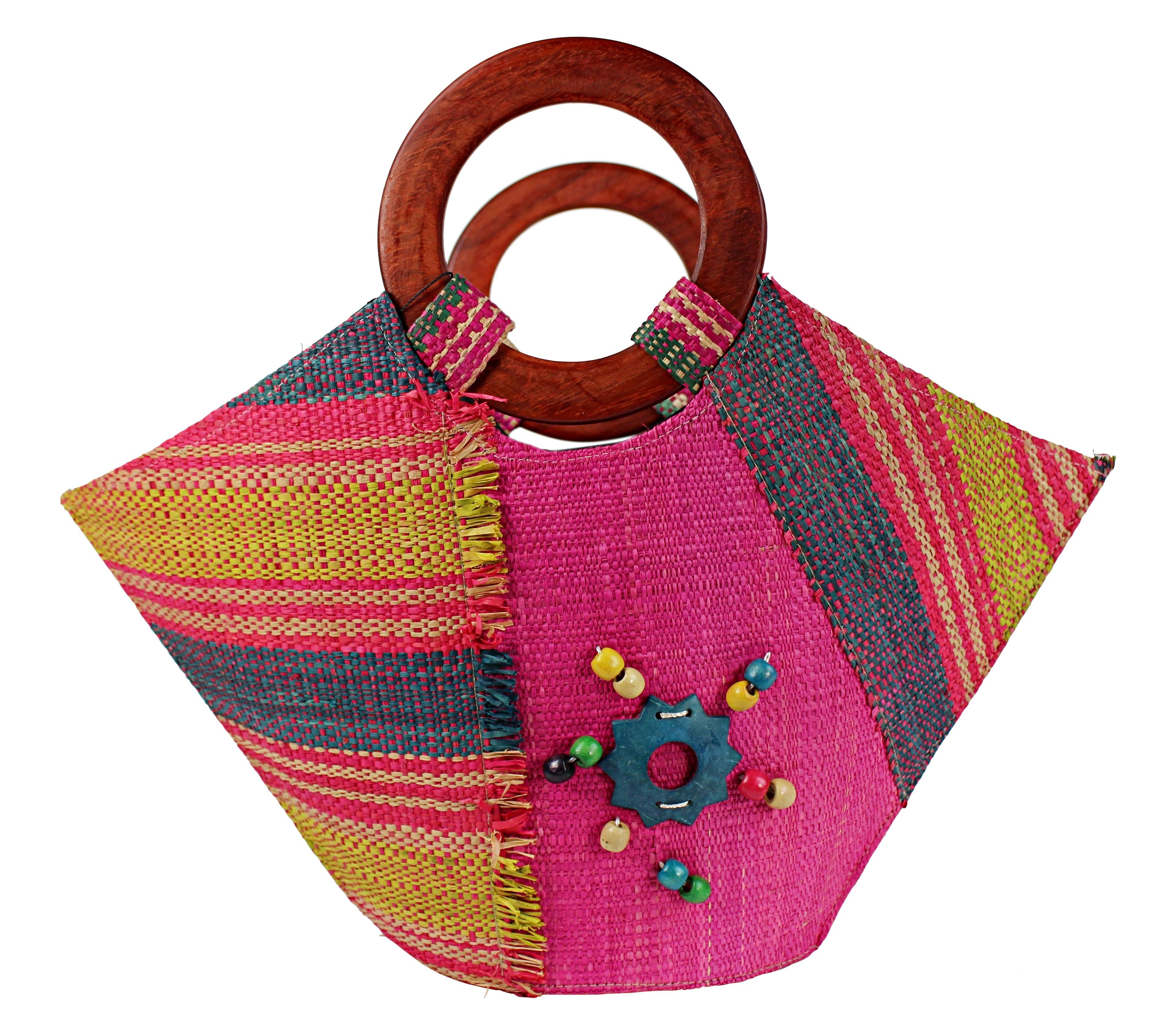 African Hand Woven Raffia Fibers Basket Bag with Wooden Handle