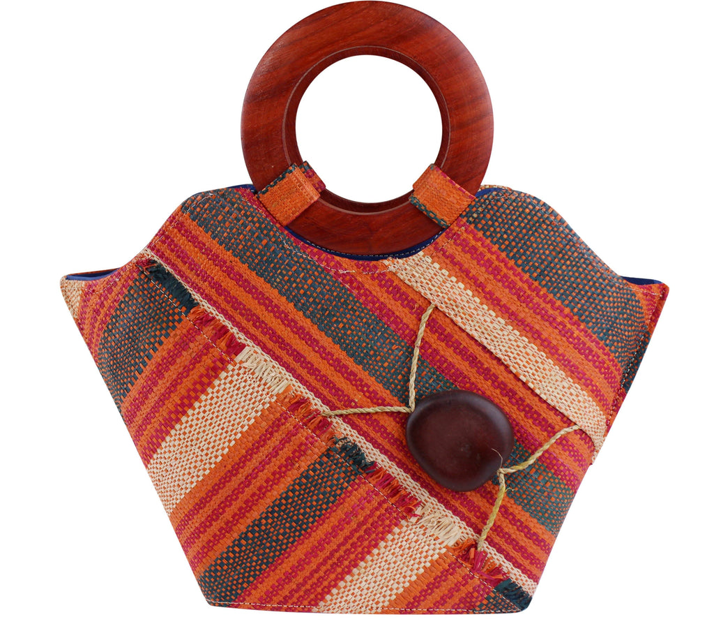 African Hand Woven Raffia Fibers Handbag with Wooden Handle