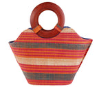 African Hand Woven Raffia Fibers Handbag with Wooden Handle