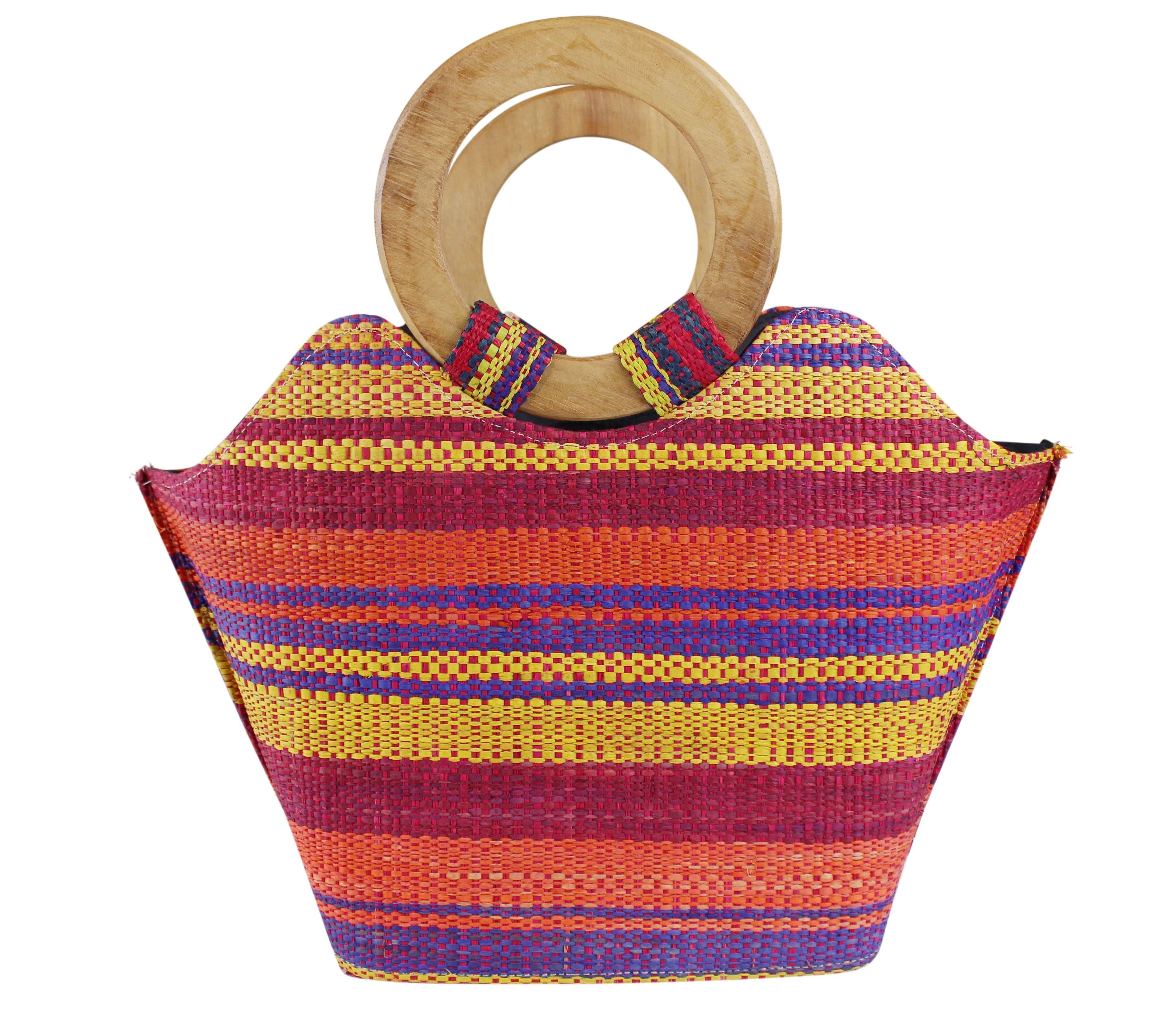 African Hand Woven Raffia Fibers Handbag with Wooden Handle