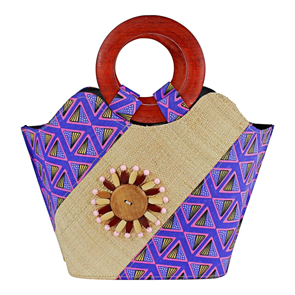 Nina Hand Woven Raffia Fibers African Print Basket Bag with Wood Handle - Purple / Pink