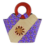Nina Hand Woven Raffia Fibers African Print Basket Bag with Wood Handle - Purple / Pink
