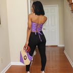 Nina Hand Woven Raffia Fibers African Print Basket Bag with Wood Handle - Purple / Pink