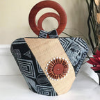 Bamileke Hand Woven Raffia Fibers African Basket Bag with Wood Handle - Big
