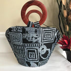 Bamileke Hand Woven Raffia Fibers African Basket Bag with Wood Handle - Big