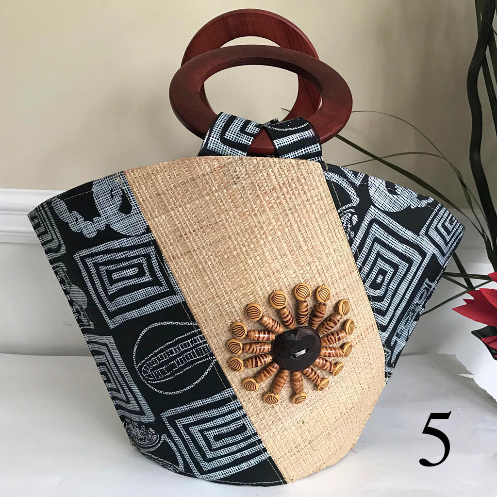 Bamileke Hand Woven Raffia Fibers African Basket Bag with Wood Handle - Big
