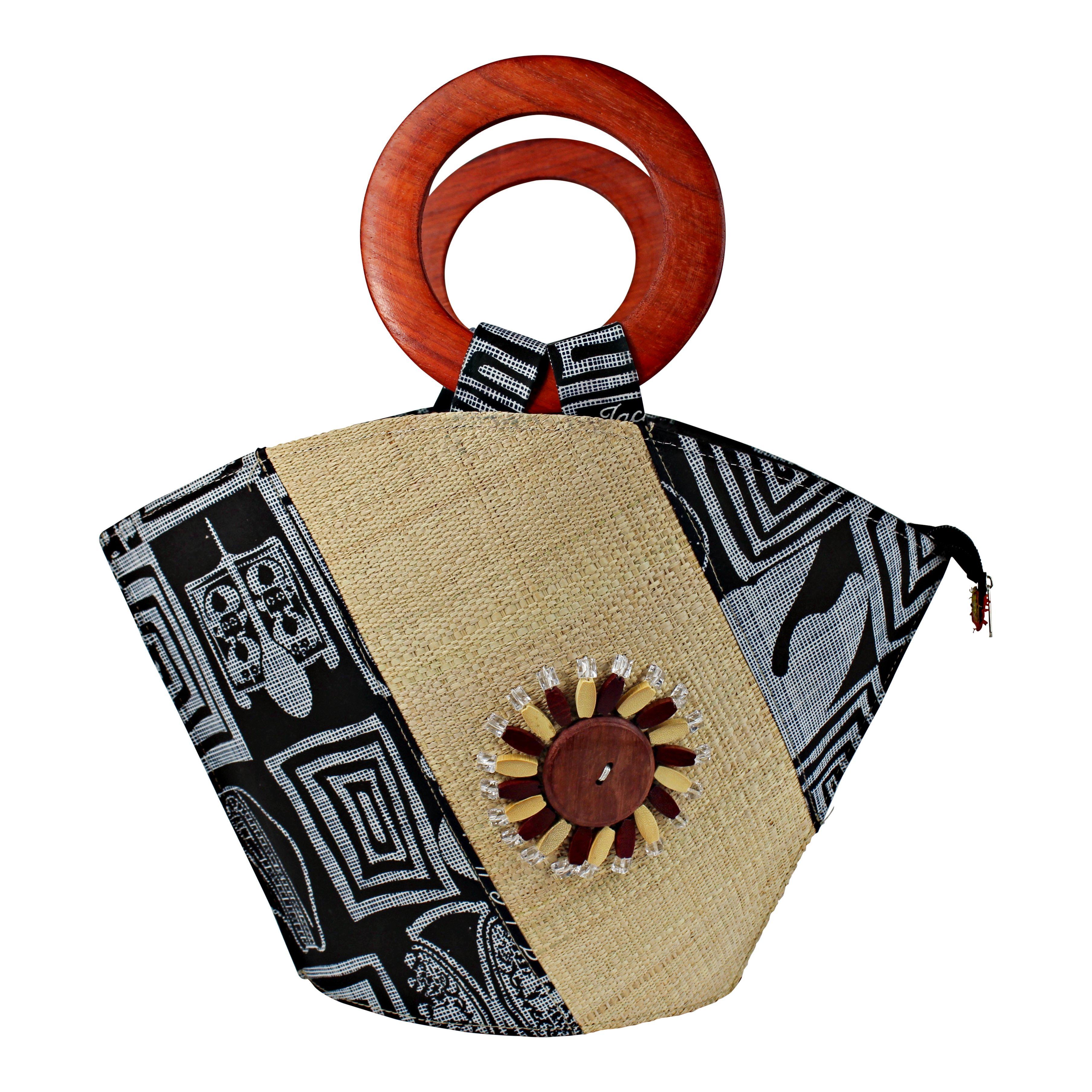 Bamileke Hand Woven Raffia Fibers African Basket Bag with Wood Handle - Big