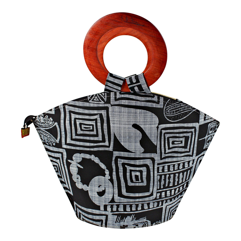 Bamileke Hand Woven Raffia Fibers African Basket Bag with Wood Handle - Big