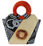 Bamileke Hand Woven Raffia Fibers African Basket Bag with Wood Handle - Medium