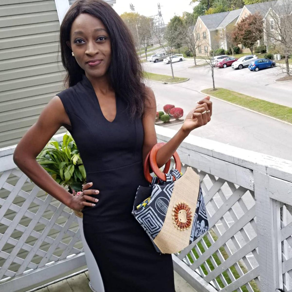 Bamileke Hand Woven Raffia Fibers African Basket Bag with Wood Handle - Medium