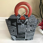 Bamileke Hand Woven Raffia Fibers African Basket Bag with Wood Handle - Medium