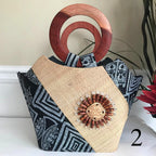 Bamileke Hand Woven Raffia Fibers African Basket Bag with Wood Handle - Medium