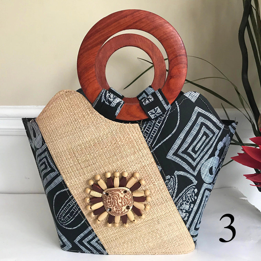 Bamileke Hand Woven Raffia Fibers African Basket Bag with Wood Handle - Medium