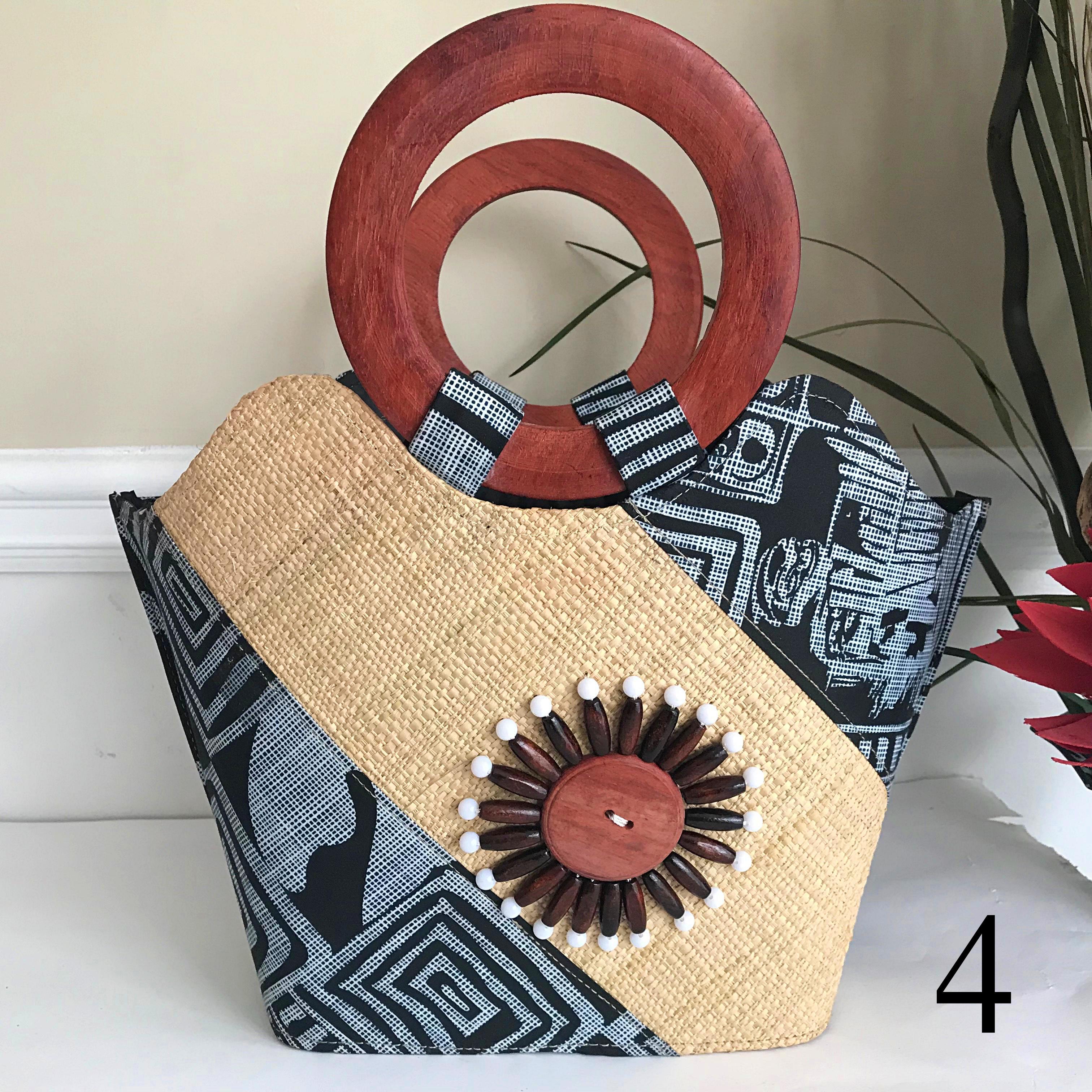 Bamileke Hand Woven Raffia Fibers African Basket Bag with Wood Handle - Medium