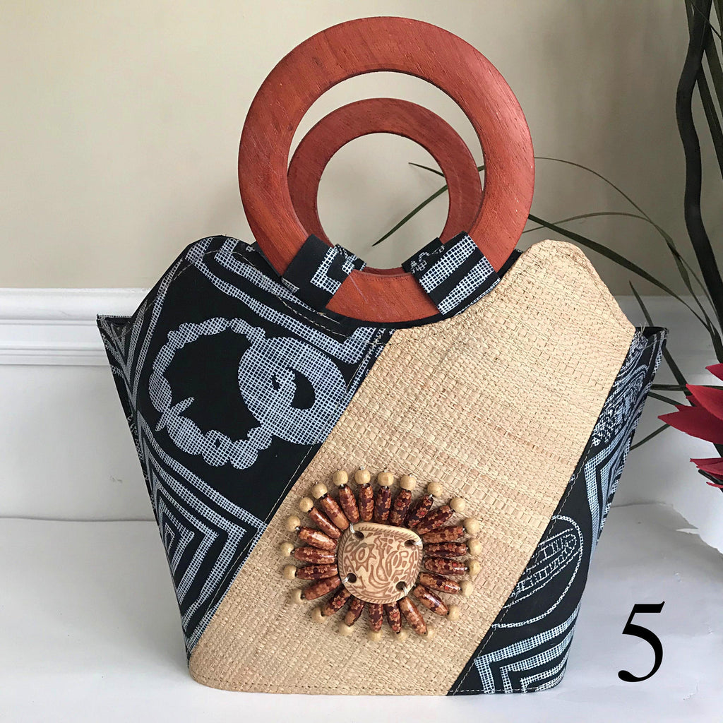 Bamileke Hand Woven Raffia Fibers African Basket Bag with Wood Handle - Medium