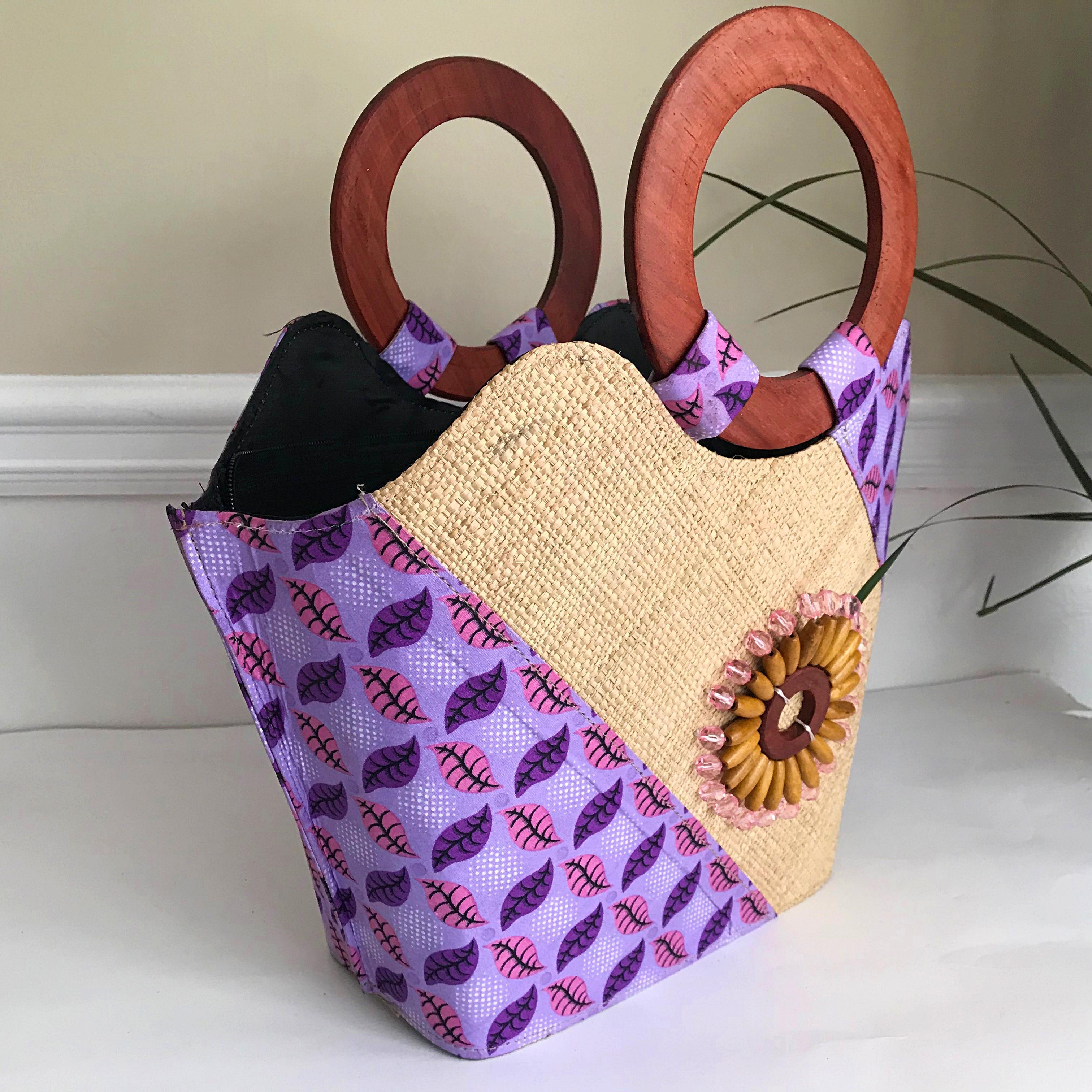 Hannah Hand Woven Raffia Fibers Basket African Bag with Wood Handle - Light Purple