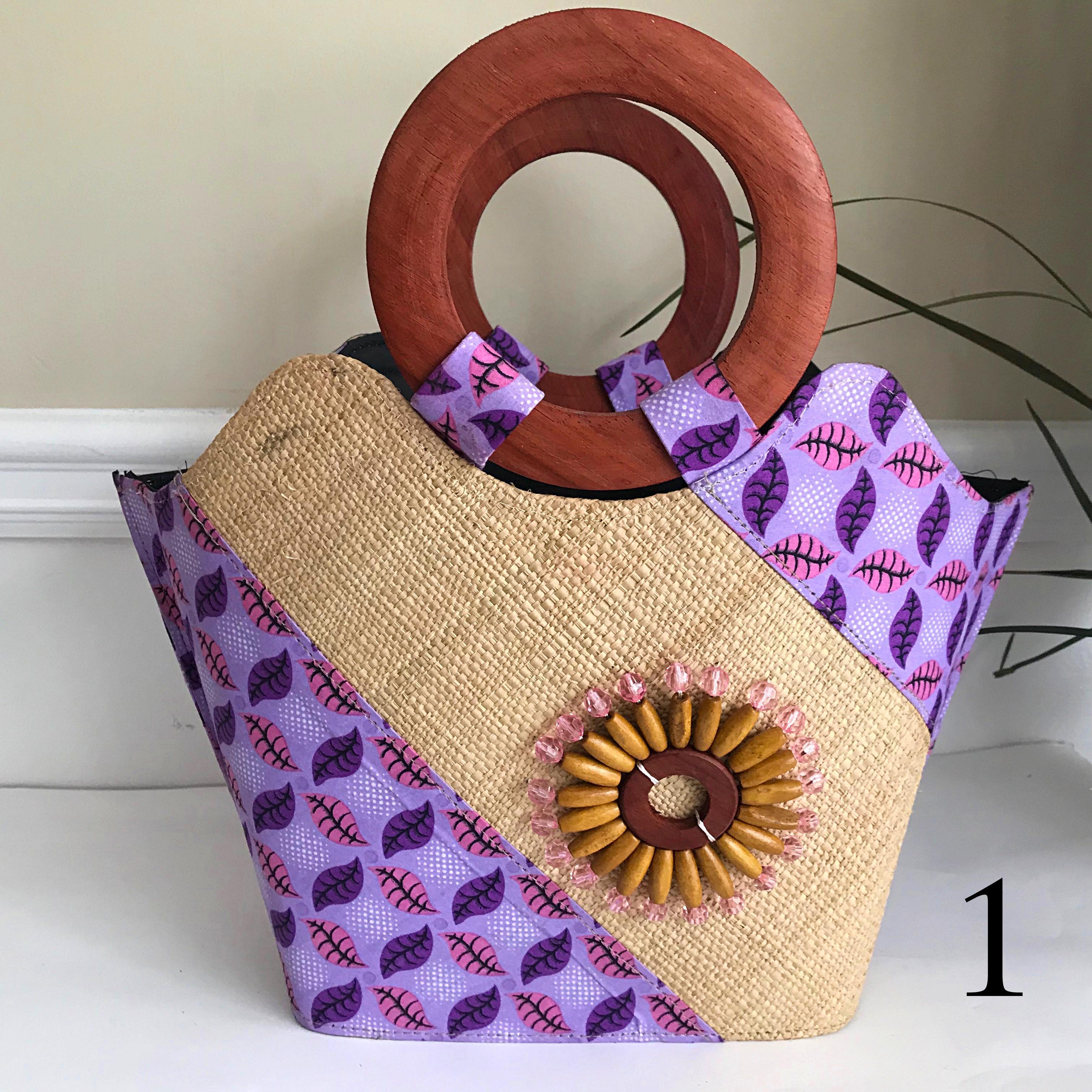 Hannah Hand Woven Raffia Fibers Basket African Bag with Wood Handle - Light Purple