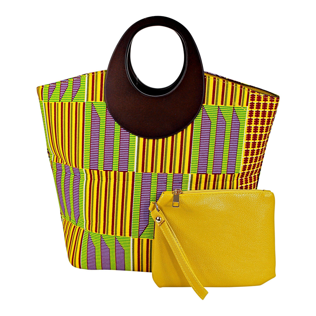 Kente African Print Bag with Purse - Yellow / Purple