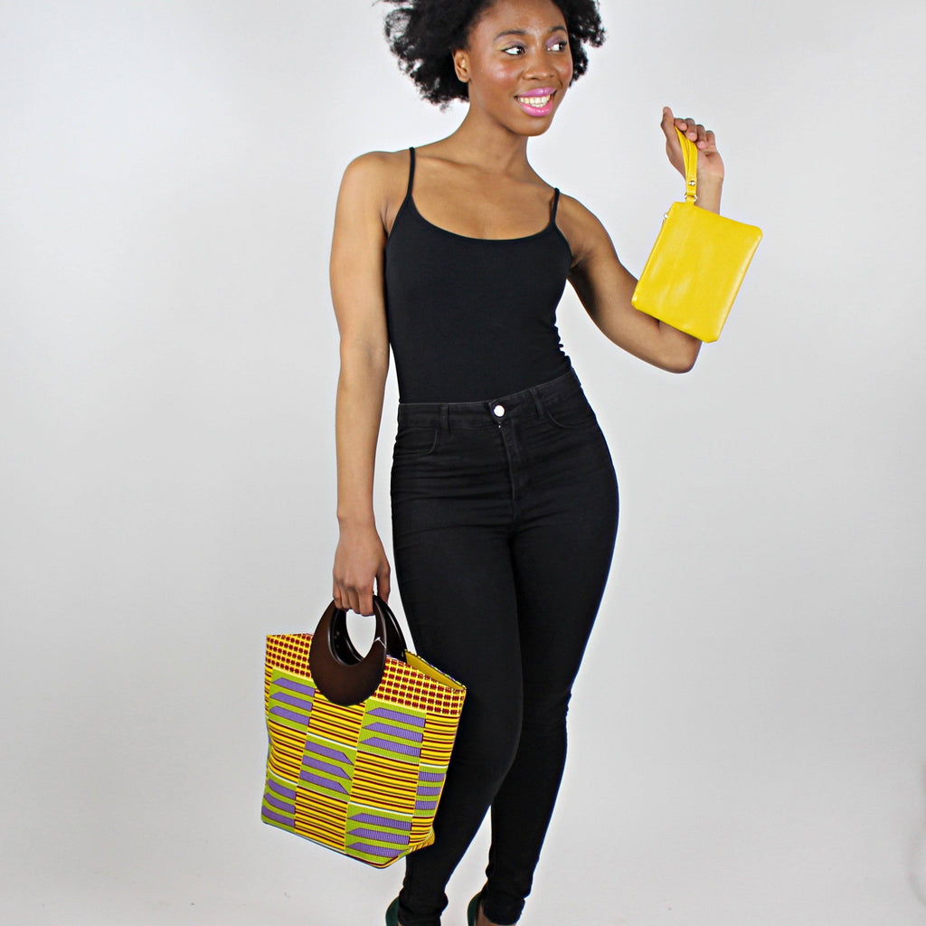 Kente African Print Bag with Purse - Yellow / Purple