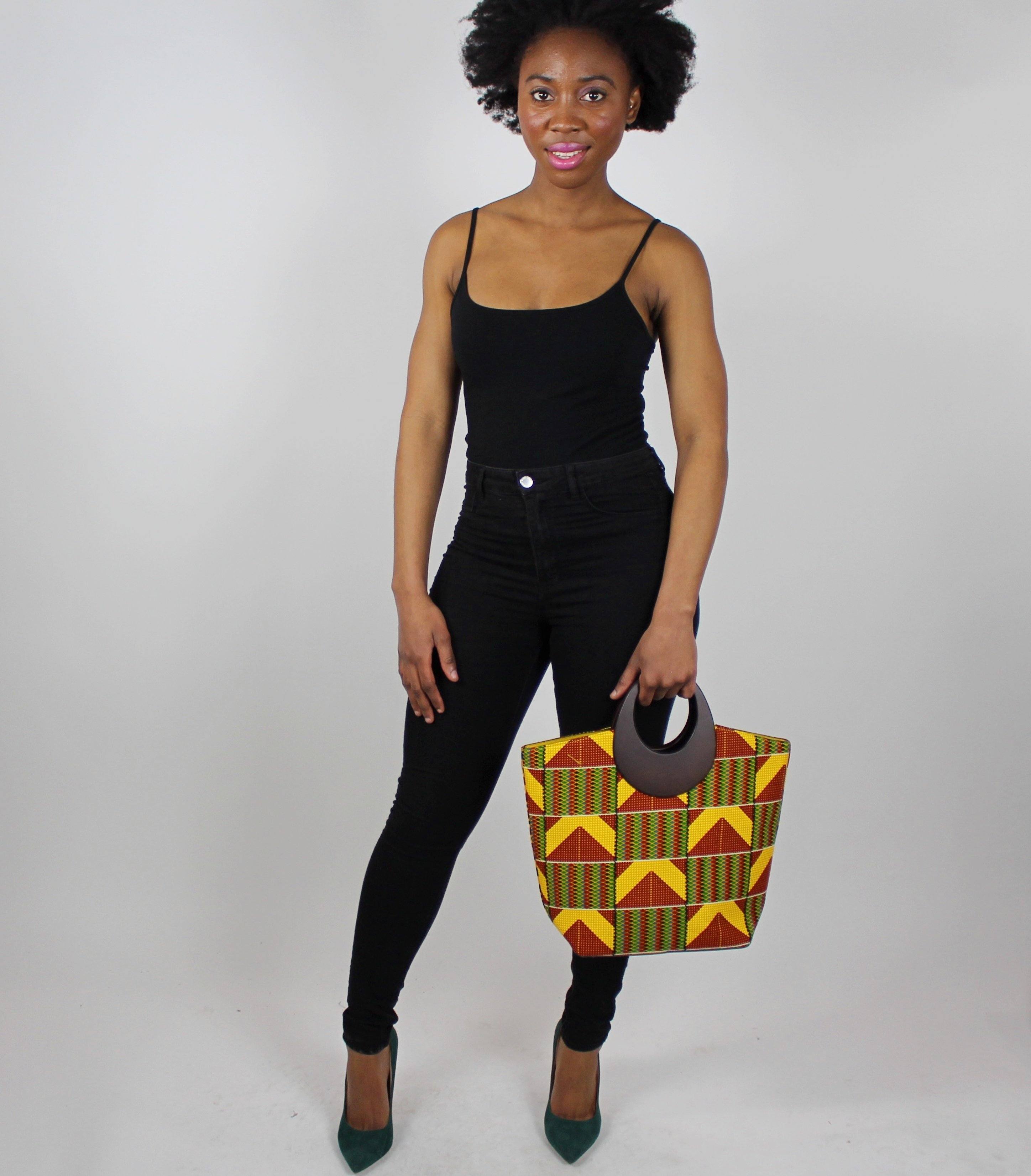 Kente African Print Bag with Purse - Yellow / Red / Green