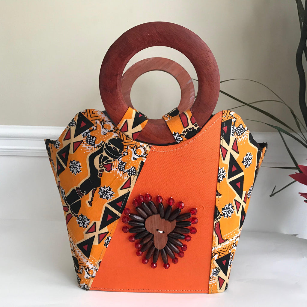 Masika African Hand Woven Raffia Fibers African Print Basket Bag - Orange