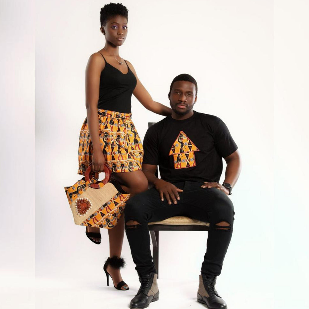 Masika African Hand Woven Raffia Fibers African Print Basket Bag - Orange