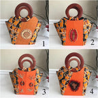 Masika African Hand Woven Raffia Fibers African Print Basket Bag - Orange