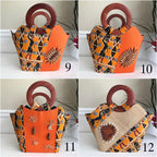 Masika African Hand Woven Raffia Fibers African Print Basket Bag - Orange