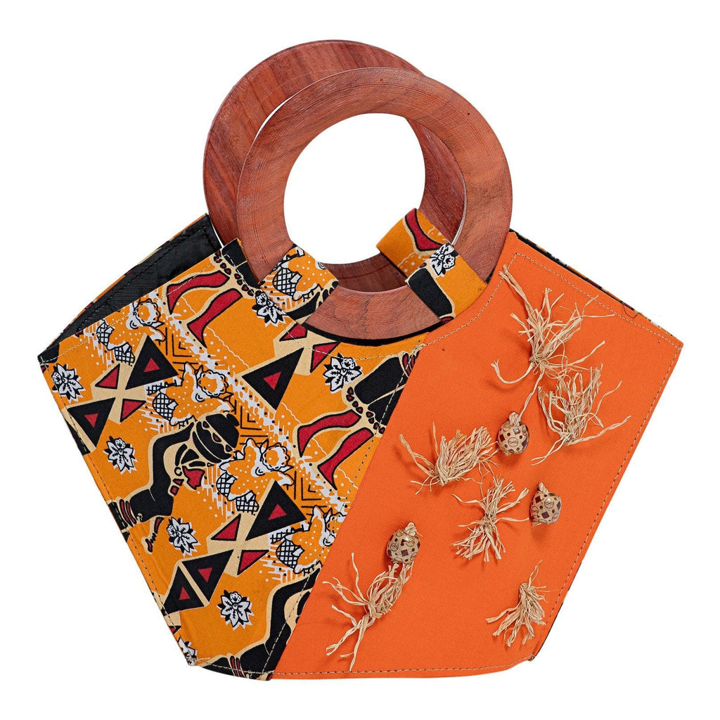 Masika Hand Woven Raffia Fibers Basket African Bag with Wood Handle - Orange