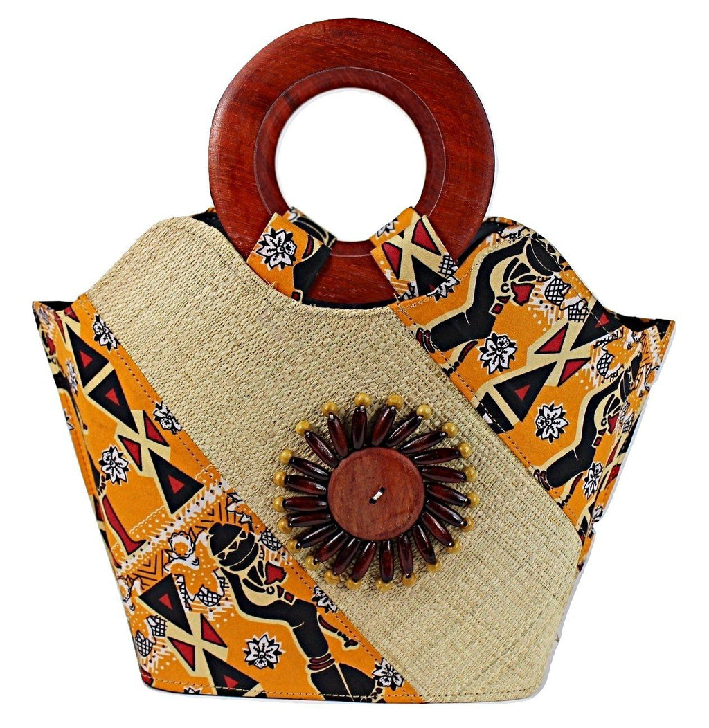 Masika Hand Woven Raffia Fibers Basket African Bag with Wood Handle - Orange
