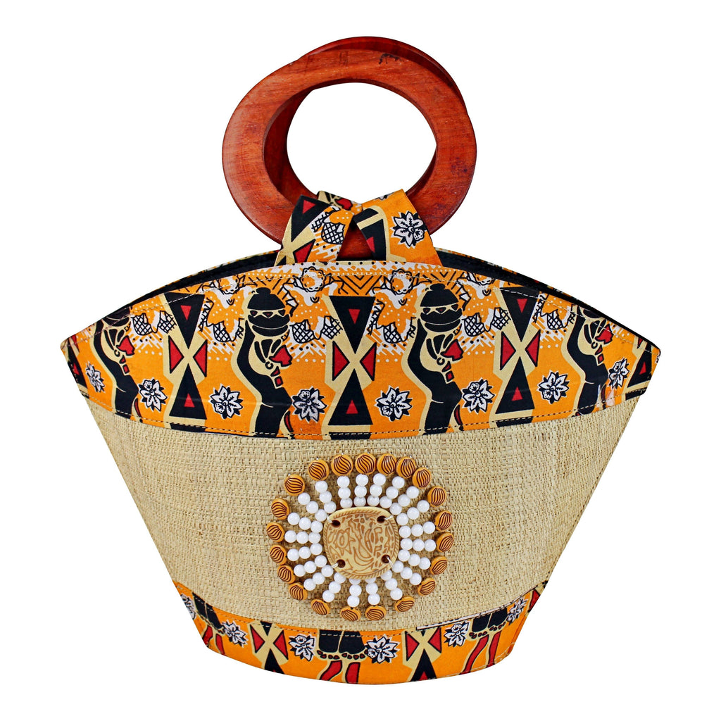 Masika Hand Woven Raffia Fibers Basket African Bag with Wood Handle - Orange