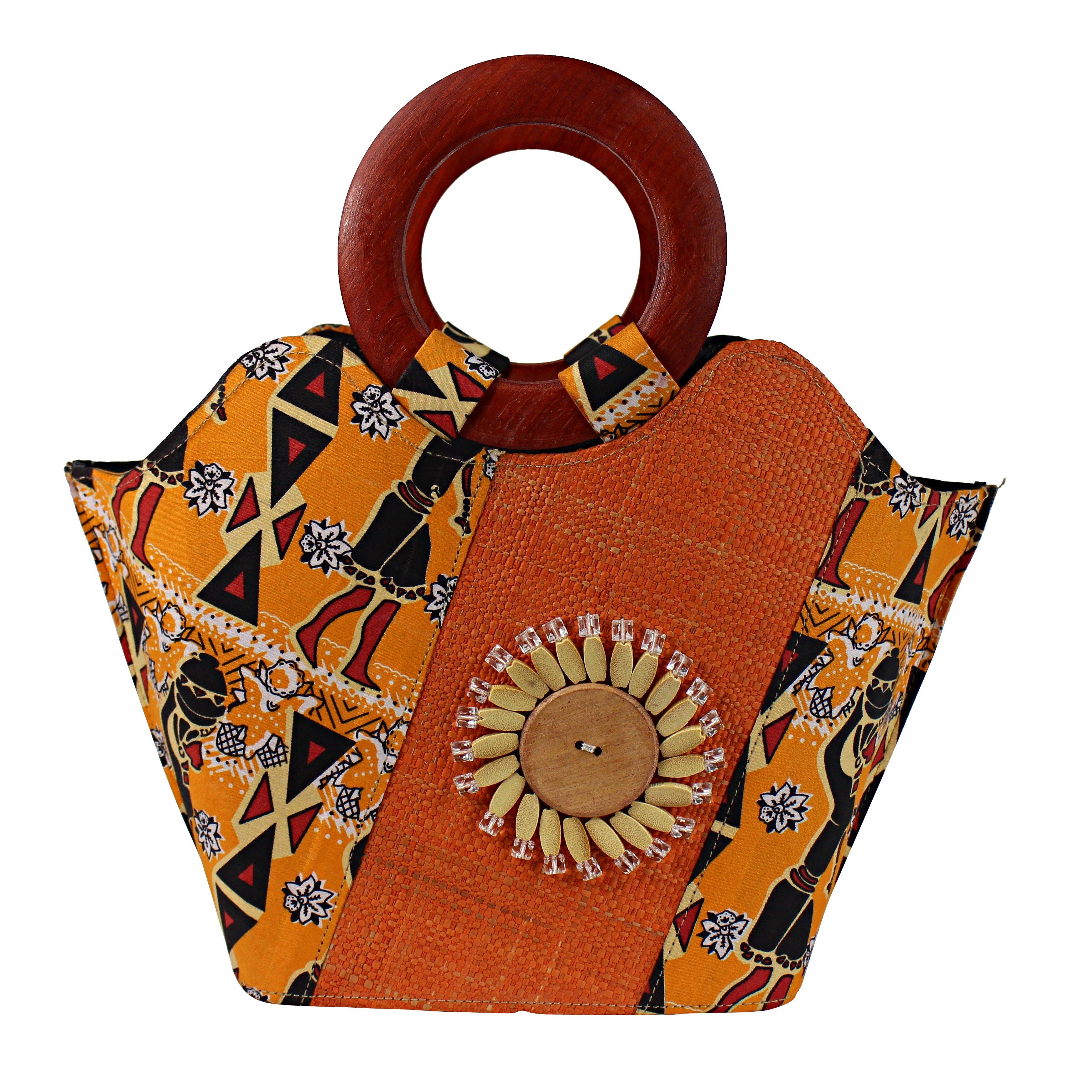 Masika Hand Woven Raffia Fibers Basket African Bag with Wood Handle - Orange