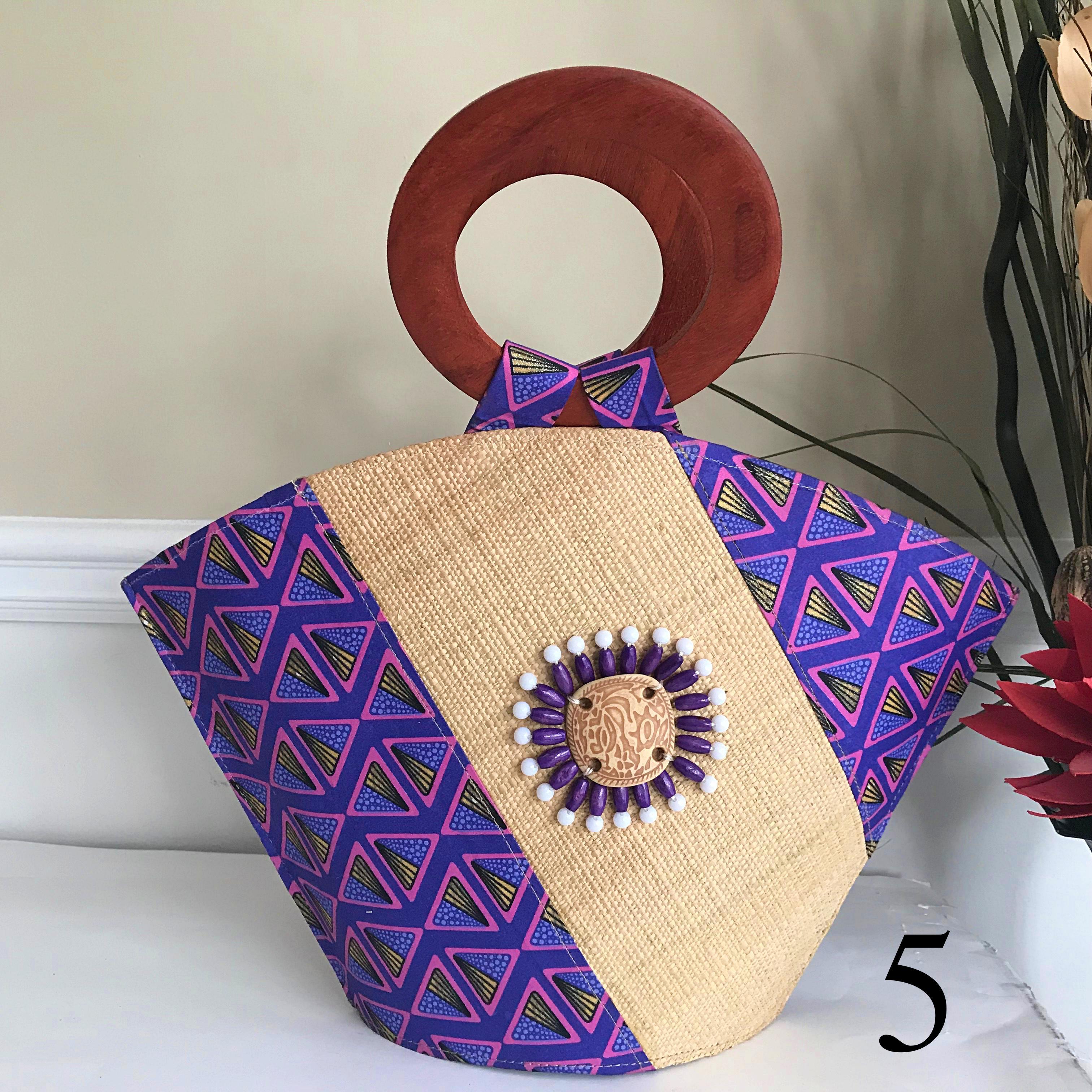 Nina Hand Woven Raffia Fibers African Basket Bag with Wood Handle - Big