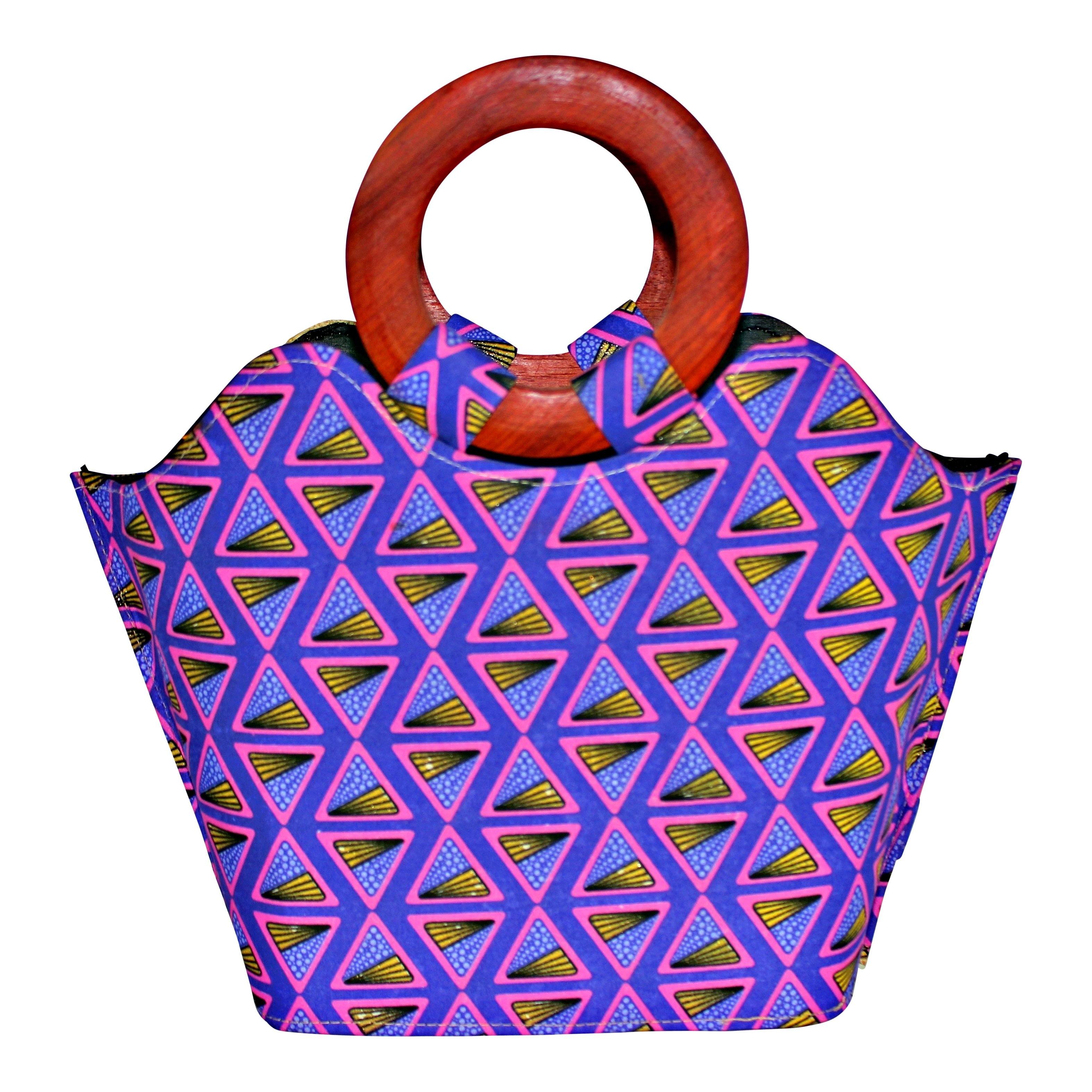 Nina Hand Woven Raffia Fibers African Basket Bag with Wood Handle - Purple