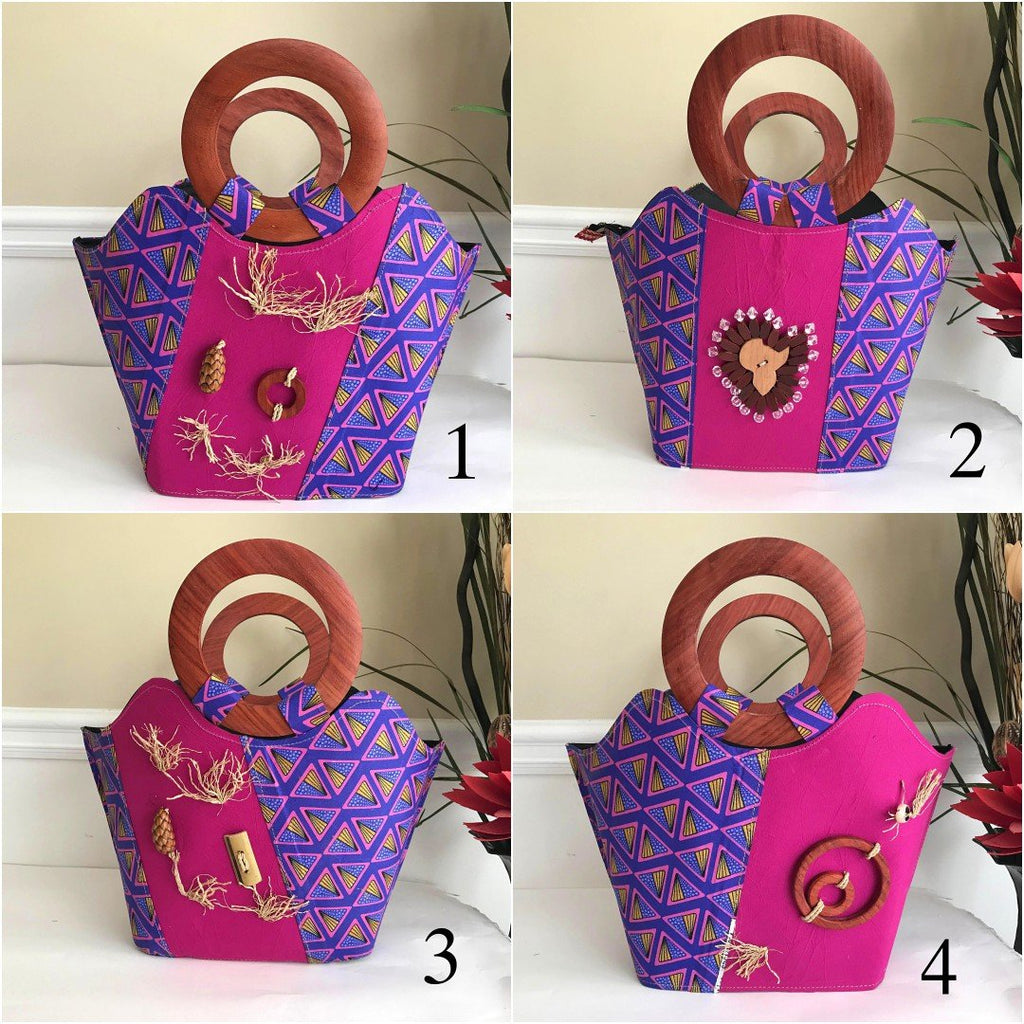 Nina Hand Woven Raffia Fibers African Print Basket Bag with Wood Handle - Purple / Pink