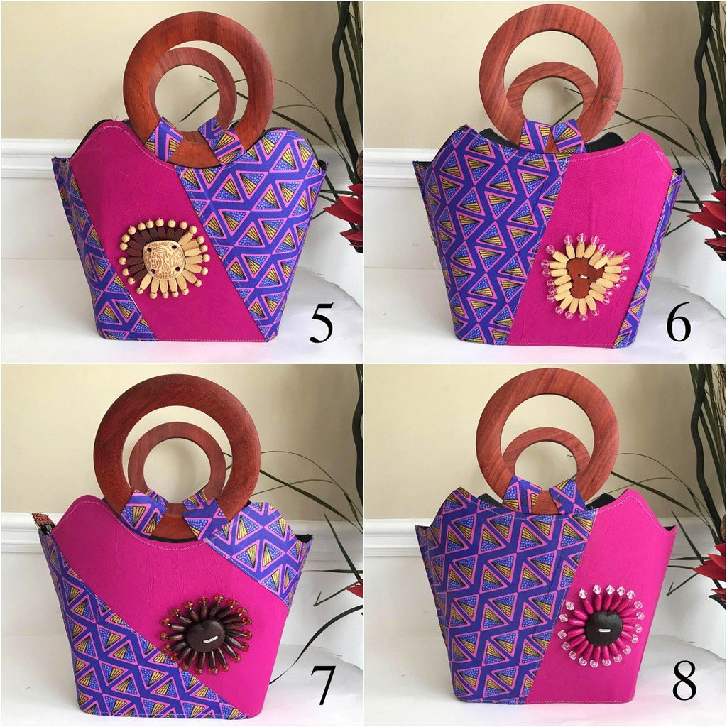 Nina Hand Woven Raffia Fibers African Print Basket Bag with Wood Handle - Purple / Pink