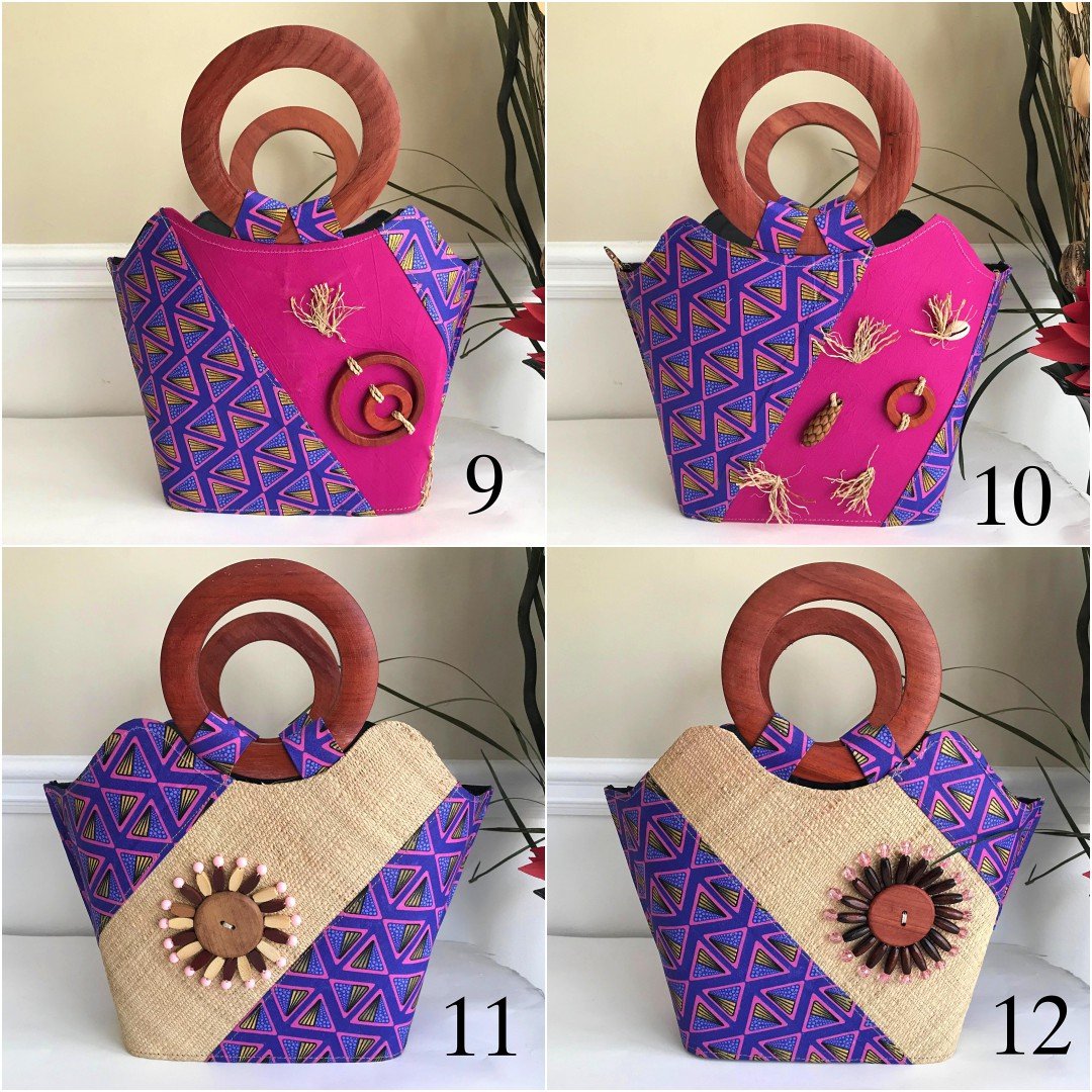 Nina Hand Woven Raffia Fibers African Print Basket Bag with Wood Handle - Purple / Pink