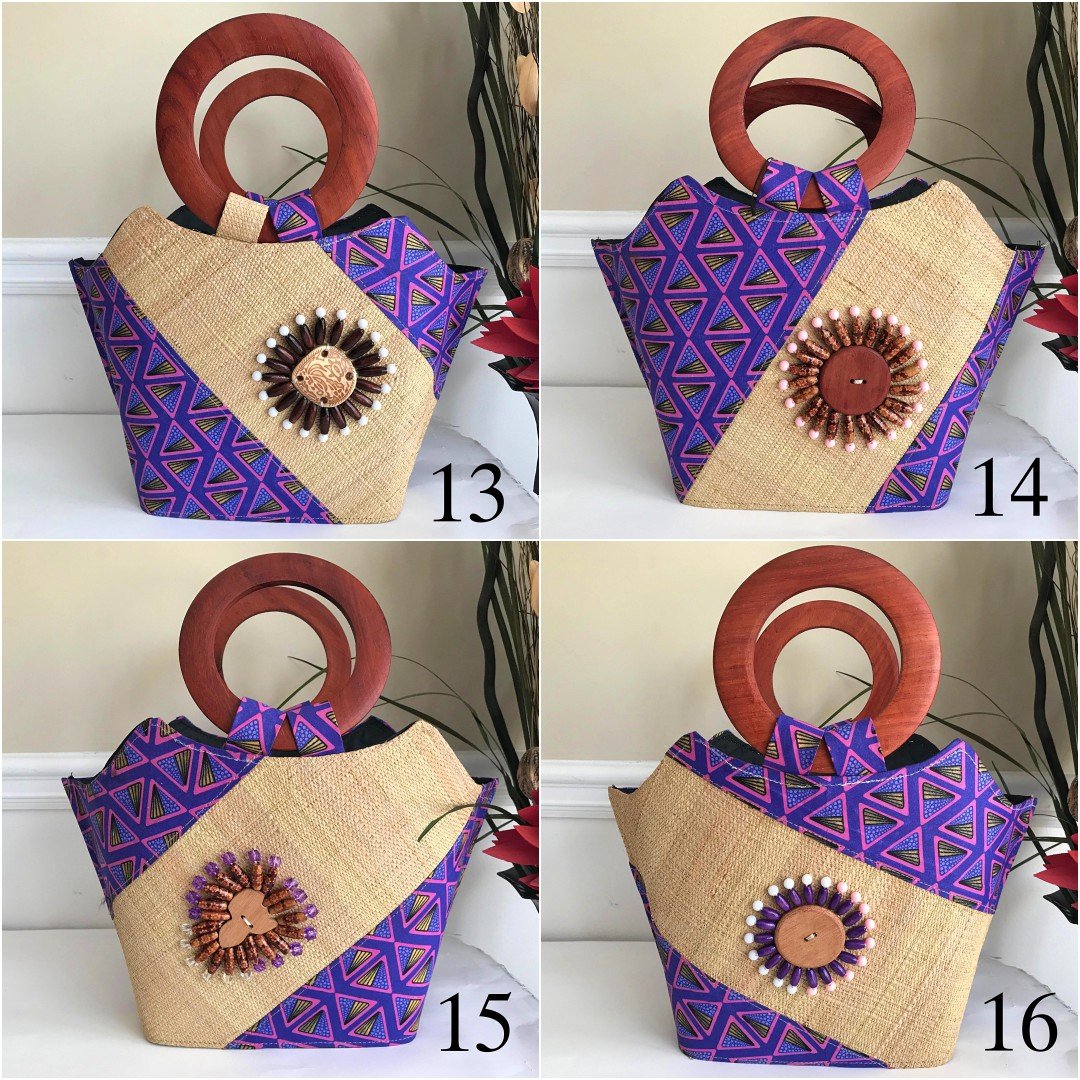 Nina Hand Woven Raffia Fibers African Print Basket Bag with Wood Handle - Purple / Pink