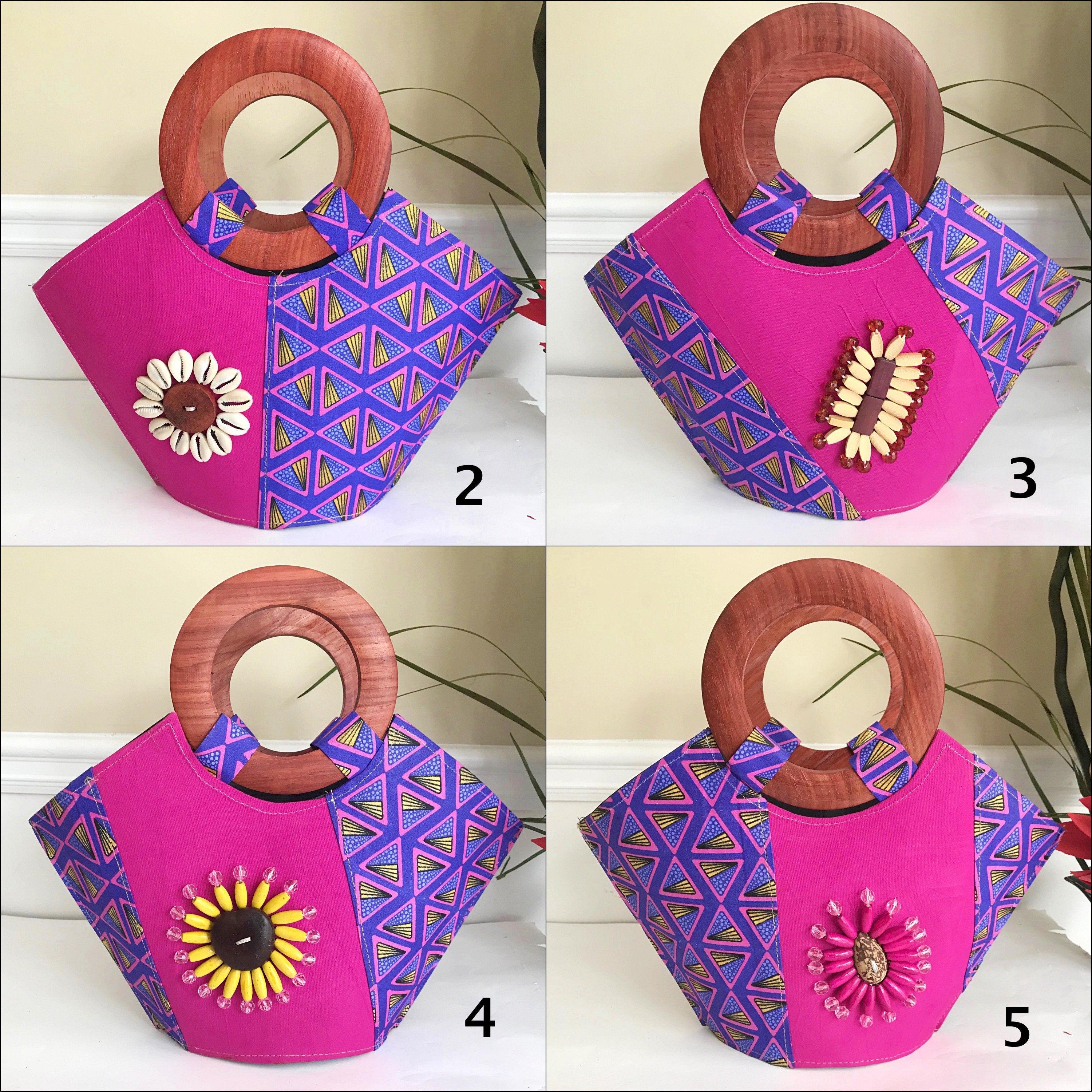 Nina Hand Woven Raffia Fibers African Print Basket Bag with Wood Handle - Purple / Pink