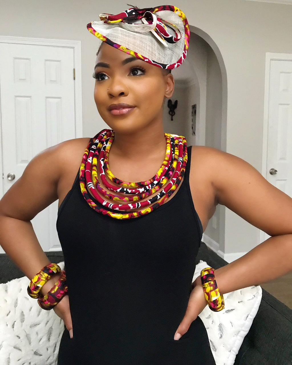 Carmela African Print Fascinator Hair Clip Hat - Yellow / Red